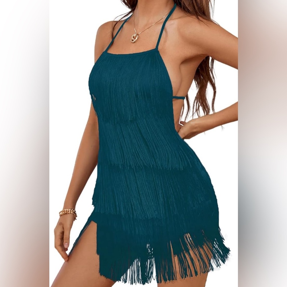 Teal Layered Fringe Halter Neck Open Back Romper